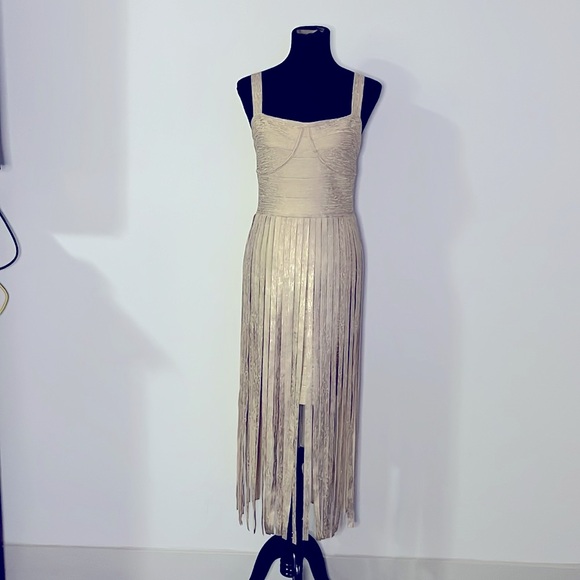 BEBE CHAMPAGNE BANDAGE FRINGE MAXI DRESS ✨✨✨ - Picture 5 of 12